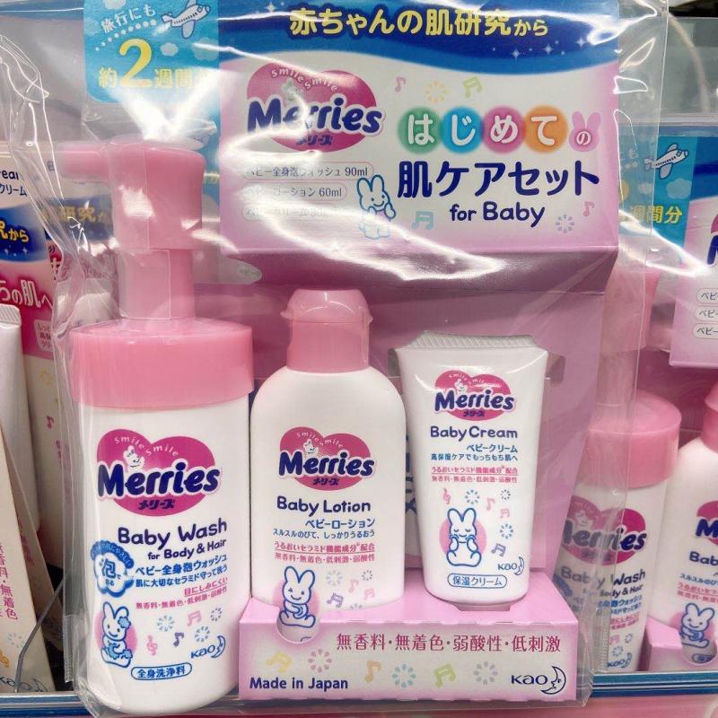 花王 Merries 小白兔图案 儿童宝宝 全身用洗发水沐浴露润肤乳 乳霜 旅行套装共180ml